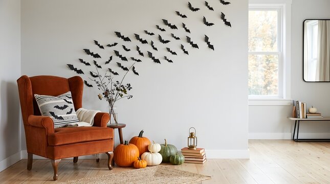 A delightful halloween interior showcases a large collection of paper bats adorning a wall alongside comfortable autumn furnishings and seasonal decorations