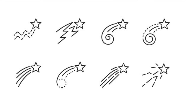 Collection of eight shooting star and comet line icons with various trail styles like wavy, dashed, and spiral on a white background.