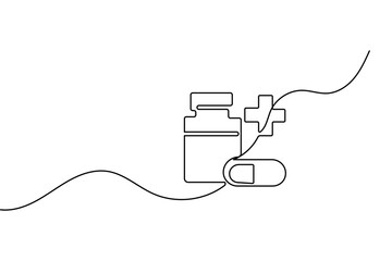 Obraz premium Medicine bottle continuous line art depicting a healthcare concept with capsule and cross elements and editable stroke vector.