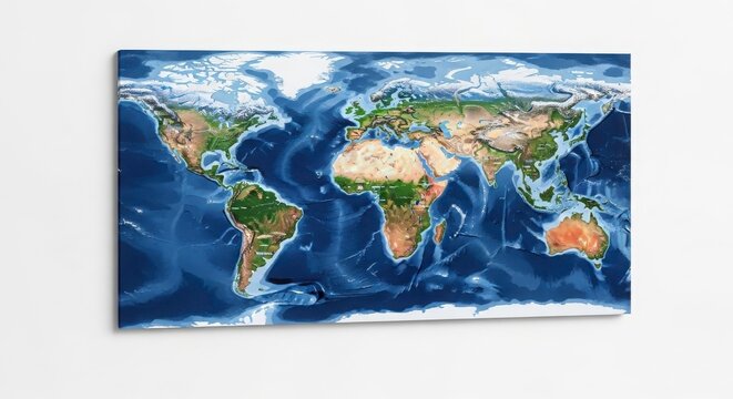 Rectangular physical map wall canvas featuring detailed continents and deep blue ocean depths