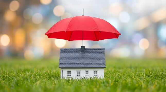 A strikingly vibrant red umbrella provides shelter and protection for a tiny house situated within a field of flourishing green grass against