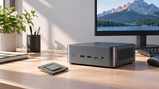 Compact Mini PC and Computer Chip on a Modern Desk in a Bright Minimalist Technology Workspace
