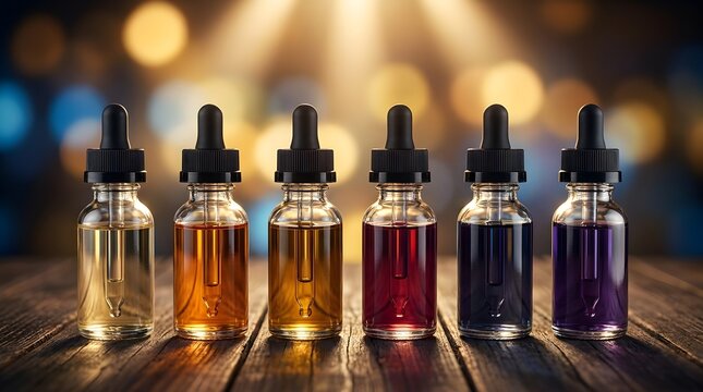 A vibrant selection of various colorful e liquid bottles with dropper tops arranged on a rustic wooden table with a soft blurred