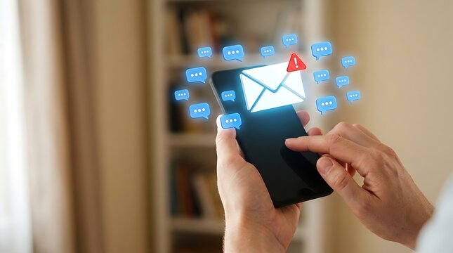 Person holding smartphone displaying email with notification alert and multiple chat bubbles, concept of urgent online communication and messaging.