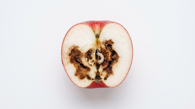 Half of red apple with worm inside on white background. Rotten fruit with brown decay and insect larva.
