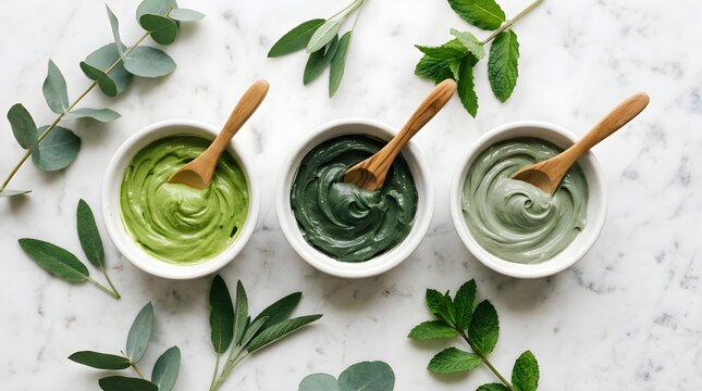 Three small bowls of green skincare products with wooden spoons surrounded by fresh eucalyptus and mint leaves on a white surface