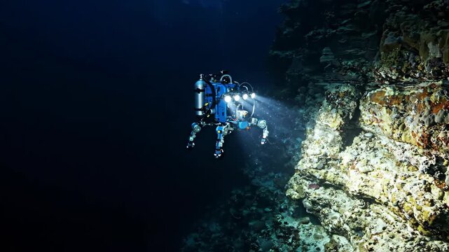 Deep Sea Diver Explores Oceanic Trench Beside Colorful Underwater Rock Wall and Coral Reef with Dramatic Light and Rising Bubbles