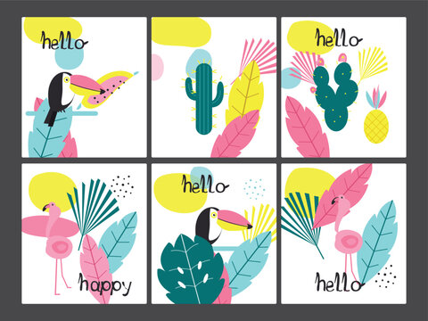 Cute Tropical Greeting Cards Set with Toucan Flamingo and Cactus Vector Design