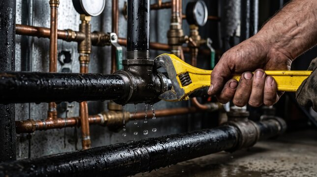 Man plumber repairing leaking pipe with yellow adjustable wrench. Leaking water drop from pipe joint in heating system. Plumbing repair service and maintenance concept for home and industry.