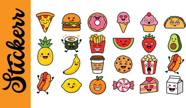 Cute Food and Fast Food Cartoon Sticker Set