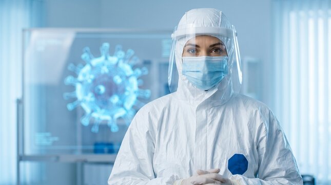 Woman scientist in protective suit and face shield standing in laboratory with virus model on background. Virology research and pandemic protection concept.