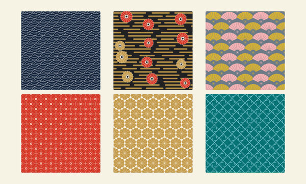 Set of Six Traditional Japanese Seamless Patterns with Waves, Folding Fans, and Umbrellas