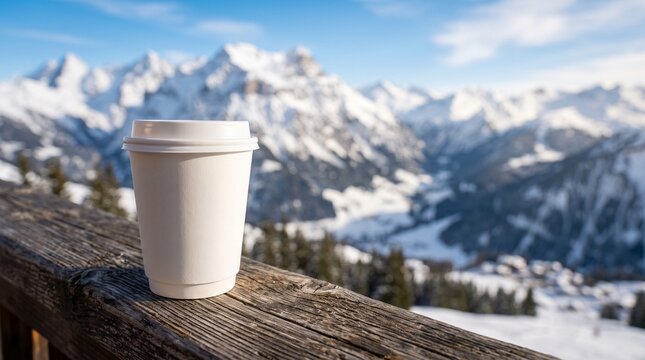 Paper coffee cup on wooden railing against snowy mountain landscape. Hot drink break during winter vacation in alpine resort. Cozy moment of relaxation in nature with beautiful mountain view.