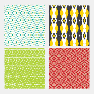 Set of Four Vibrant Geometric Seamless Patterns with Colorful Diamonds and Triangles for Textile