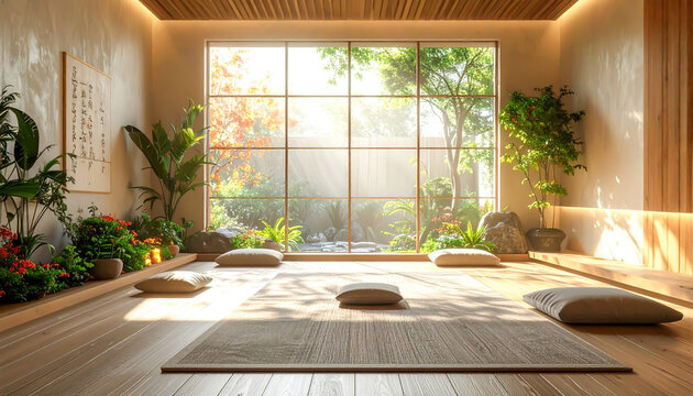 Ruhige Meditationsecke mit Yogamatte, Kissen und brennenden Kerzen im warmen Sonnenlicht