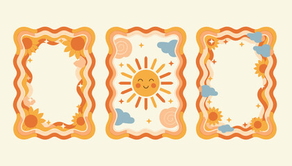 Fototapeta premium Groovy retro sun and cloud frame set in warm orange and yellow tones offers a nostalgic 1970s aesthetic for creative graphic projects.