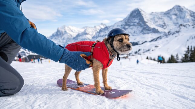 Small dog in red winter jacket and helmet standing on snowboard at ski resort. Man helping pet to snowboard on snowy mountain slope.