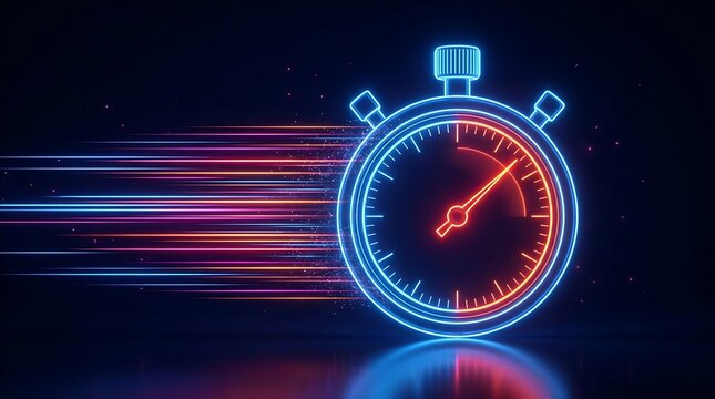 Neon stopwatch in glowing blue and orange tones showing fast movement with vibrant horizontal speed lines representing time management and quick progress.