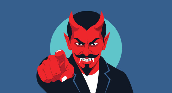 Cartoon red devil with horns wearing a dark suit and pointing his finger forward against a blue circular background.