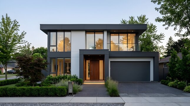 Modern luxury home exterior with a dark gray facade large windows and a well maintained landscaped front yard in the evening