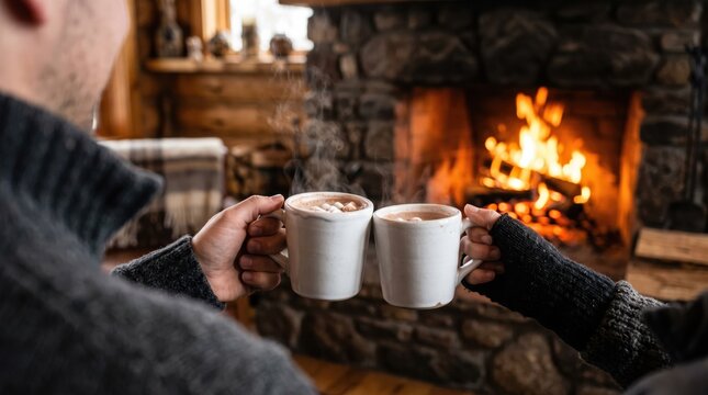 Man and woman holding cups of hot chocolate with marshmallow near burning fireplace in cozy cabin. Winter holidays, christmas and hygge comfort concept.