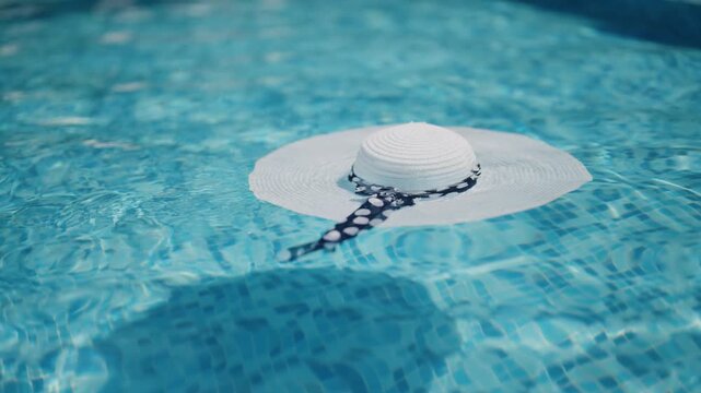 A white hat is floating on the surface of a pool. The hat is sitting on top of the water, and the pool is blue, summer vacation concept, slow motion