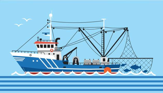 Large commercial fishing trawler boat at sea with its nets out, white birds flying overhead, and several fish caught in the net in the water.