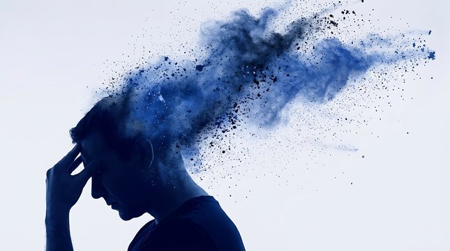 Silhouette profile of stressed man holding head as his mind explodes into blue dust and smoke particles representing severe headache depression and burnout.