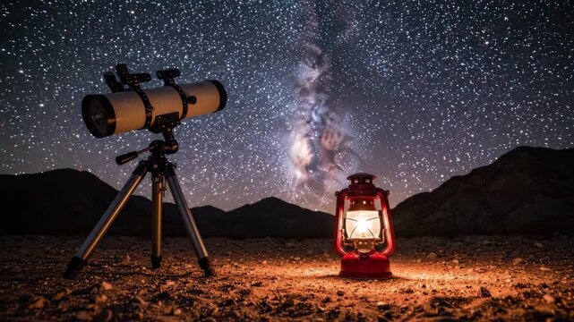 Telescope Night Beneath Milky Way Starry Sky, Glowing Lantern Illuminating Rugged Mountain Landscape During Peaceful Astronomy Campsite Adventure