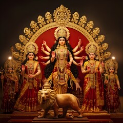Fototapeta premium Goddess Durga idol with family deities during Durga Puja festival celebration
