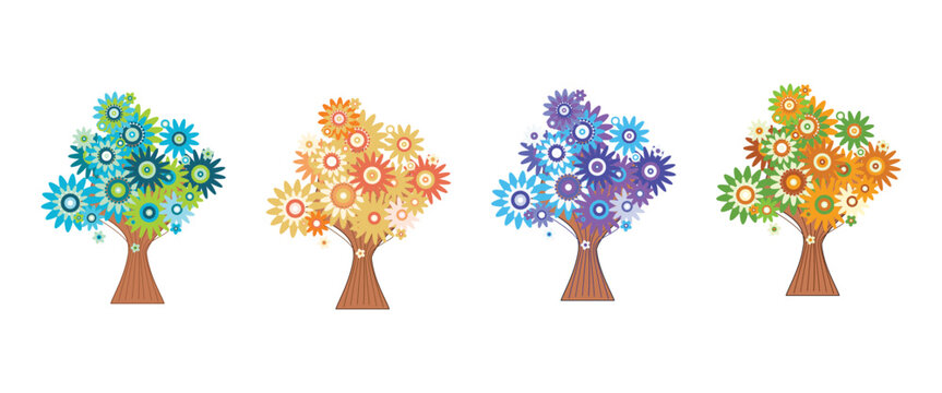 Four Decorative Abstract Trees with Floral Foliage in Seasonal Colors for Spring Design