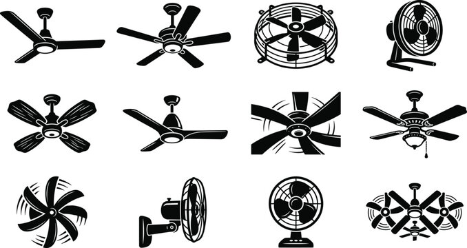 Electric cooling fans and home ventilation black vector silhouettes set including ceiling box wall desk pedestal isolated on white background illustration