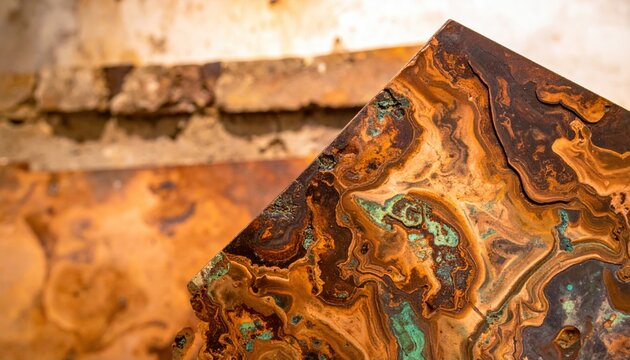 Intricate Oxidized Copper Patina with Swirling Green and Brown Tones, Showcasing Aged Metal Texture