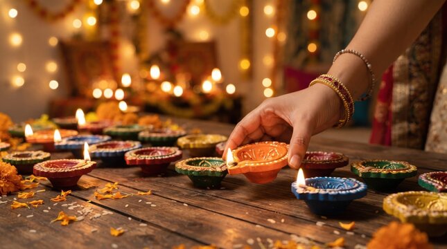 Woman hand holding colorful clay diya lamp with burning candle on wooden table decorated with marigold flowers. Diwali festival celebration of