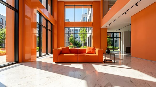 A bright and modern lobby interior features vibrant orange walls comfortable seating areas and expansive windows creating a warm welcoming atmosphere for