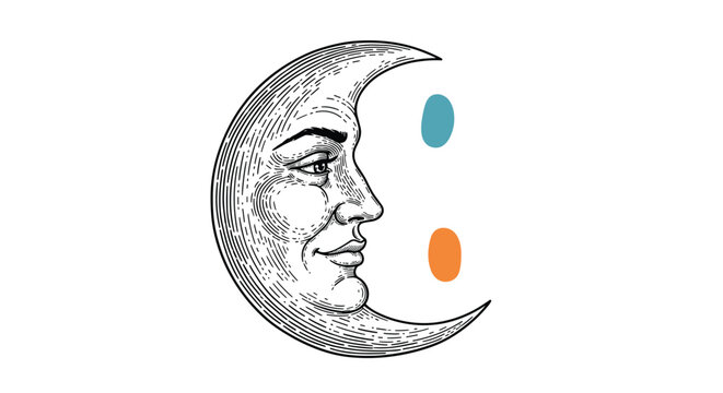 Vintage style engraving of a crescent moon with a calm human face and two colorful abstract spots on the side.
