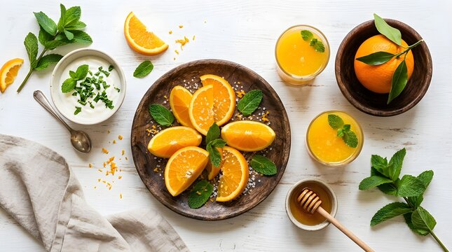 A vibrant assortment of bright citrus fruits paired with a cool refreshing yogurt beverage and fragrant fresh mint leaves on a clean