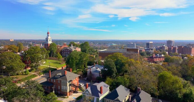 Aerial view of Macon, Georgia with historic downtown streets and old American architecture. Southern USA cityscape with traditional buildings and urban layout.