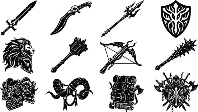 Medieval fantasy warrior armor and mythical weaponry black vector silhouettes set including sword shield mace crossbow helmet isolated on white background illustration