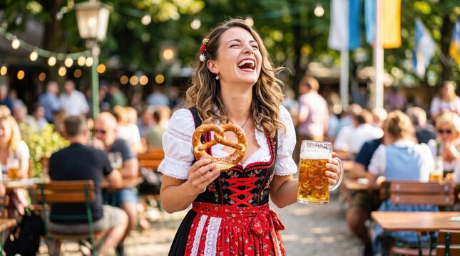 Happy young woman in traditional dirndl dress laughing with beer mug and pretzel at crowded beer garden. Oktoberfest festival celebration