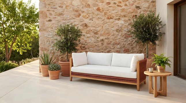 An elegant outdoor lounge area features a comfortable sofa a beautiful stone wall and vibrant lush greenery for a relaxing peaceful atmosphere