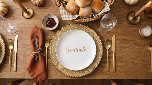Thanksgiving table setting with gratitude plate from top view. Festive autumn dinner table with golden cutlery, bread rolls, pumpkins and