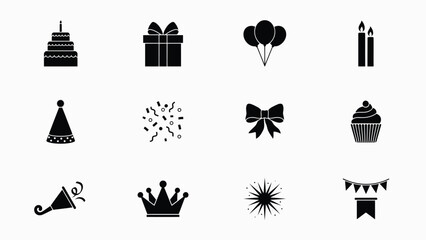 Naklejka premium Black with Celebration icons collection party themed illustrations including cakes cakes balloons candles candles hats confetti confetti bows crowns