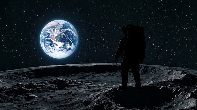 Lone astronaut standing on the lunar surface looking at a large blue Earth in the black sky