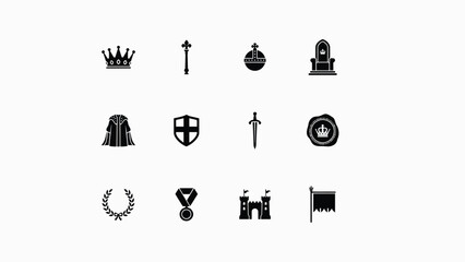Fototapeta premium Black and white icons representing regal and medieval symbols in a minimalist style with traditional symbols associated associated royalty heraldry