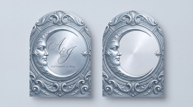 Silver celestial arch wedding invitation mockup. Vintage gothic greeting card templates with ornate baroque border, crescent moon face, and blank copy space. 3D digital illustration set.