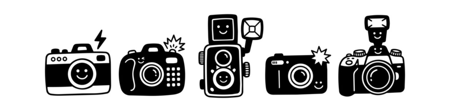 Set of cute hand-drawn camera icons with happy smiley faces. Minimalist black and white doodle illustrations of vintage and modern photography equipment for creative projects.