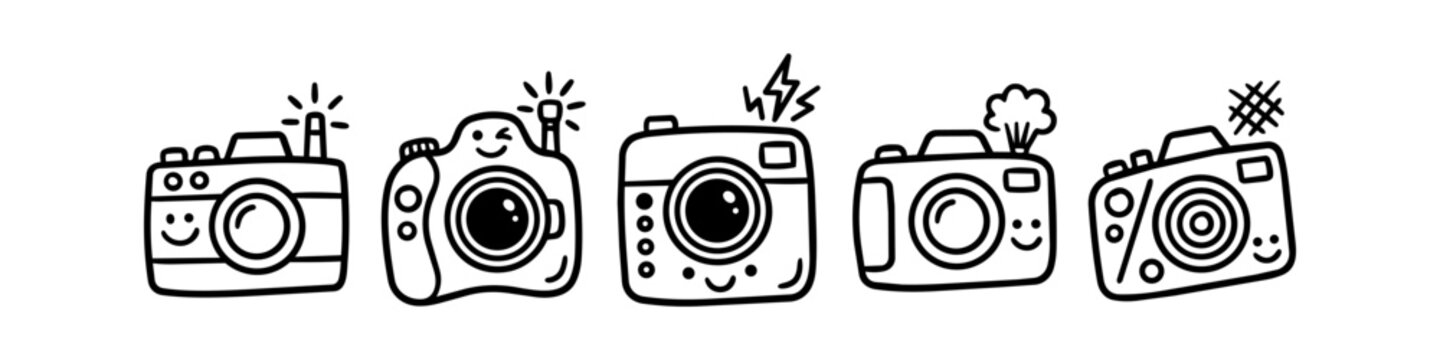 Set of cute hand-drawn camera doodles with smiling faces and various flash effects. Playful black and white line art vector illustration of photography icons for creative designs.