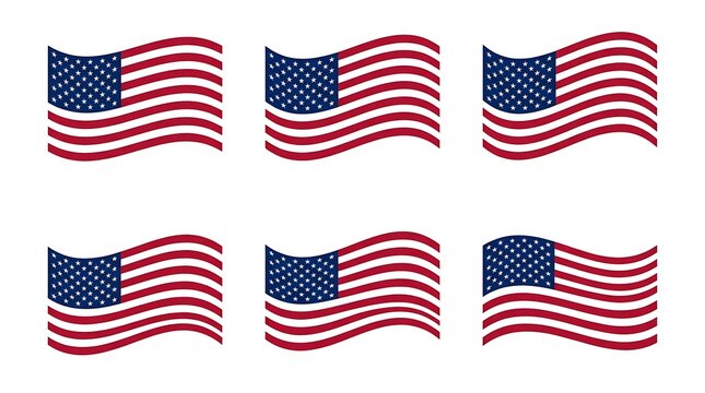 Set of six waving american flag on white background