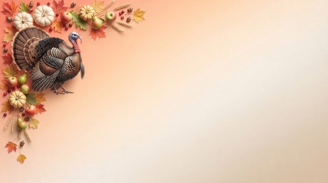 A festive autumn background featuring a turkey and seasonal decorations for celebrating the annual thanks giving day holiday event